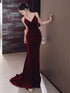 Wine Red Velvet Mermaid Backless Long Evening Dress, Wine Red Velvet Prom Dress Party Dress