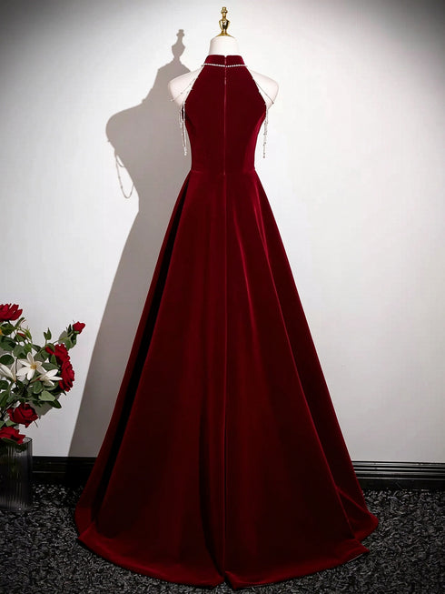 Wine Red Velvet Halter A-line Prom Dress Evening Dress, Simple Long Velvet Formal Dress