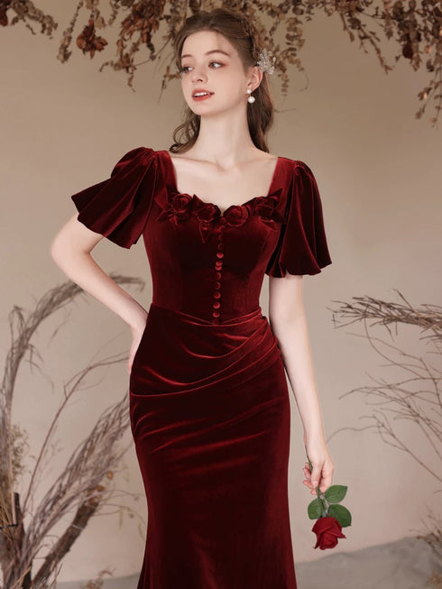 Wine Red Mermaid Short Sleeves Long Formal Dress, Wine Red Velvet Party Dress