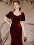 Wine Red Mermaid Short Sleeves Long Formal Dress, Wine Red Velvet Party Dress