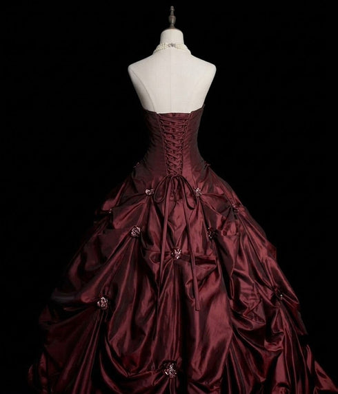 Burgundy Strapless Floral Applique Ball Gown Taftta Prom Dress, Burgundy Long Quinceanera Dress