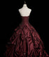 Burgundy Strapless Floral Applique Ball Gown Taftta Prom Dress, Burgundy Long Quinceanera Dress