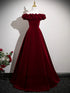 Wine Red A-line Off Shoulder Velvet Floor Length Prom Dress, Wine Red Wedding Party Dress