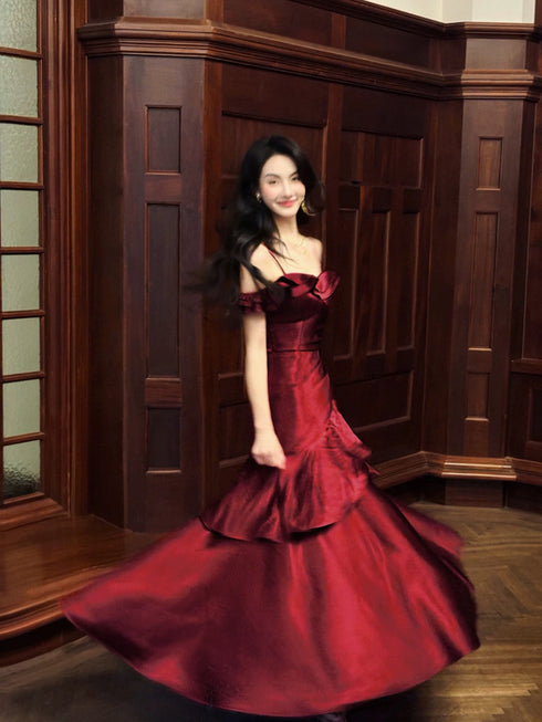 Wine Red Straps A-line Long Prom Dress Party Dress, Wine Red Satin Evening Dress