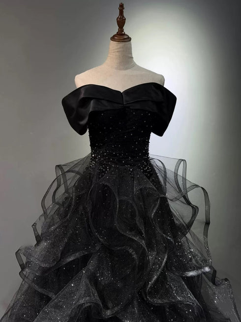 A-line Black Tulle Layers Beaded Off Shoulder Party Dress, Black Tulle Evening Dress Prom Dress