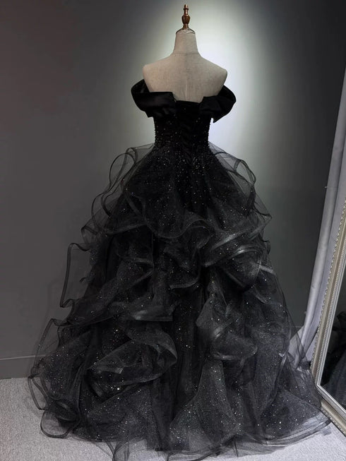 A-line Black Tulle Layers Beaded Off Shoulder Party Dress, Black Tulle Evening Dress Prom Dress