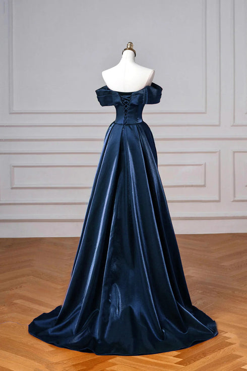 A-line Navy Blue Satin Off Shoulder Prom Dress, Navy Blue Sweetheart Party Dress