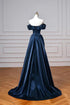 A-line Navy Blue Satin Off Shoulder Prom Dress, Navy Blue Sweetheart Party Dress