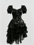 Cute Organza Beaded Short Sleeves Gothic Homecoming Dress, Black Gothic Lace-up Short Prom Dress