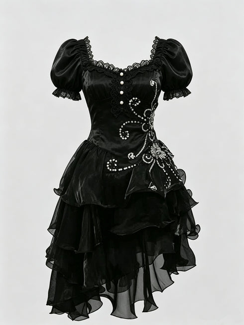 Cute Organza Beaded Short Sleeves Gothic Homecoming Dress, Black Gothic Lace-up Short Prom Dress