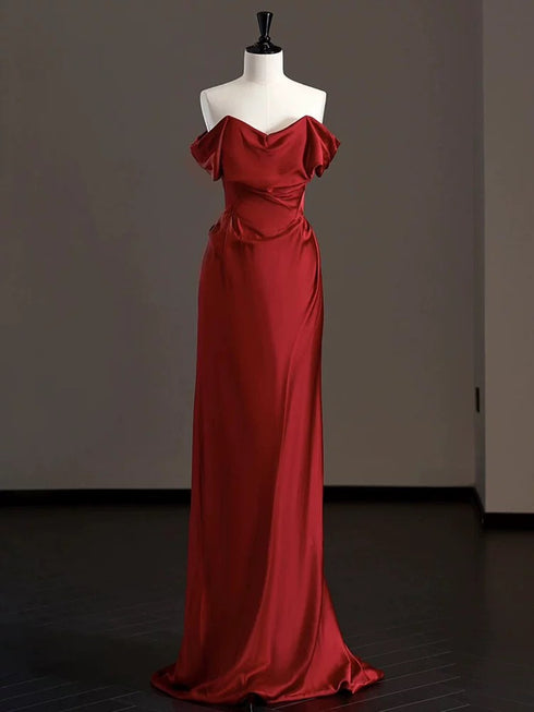 Wine Red Satin Off Shoulder Simple Floor Length Prom Dress, Wine Red Chic Long Party Dress