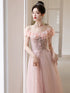 Pink Off Shoulder Beaded A-line Tulle Party Dress, Pink Tulle Prom Dress