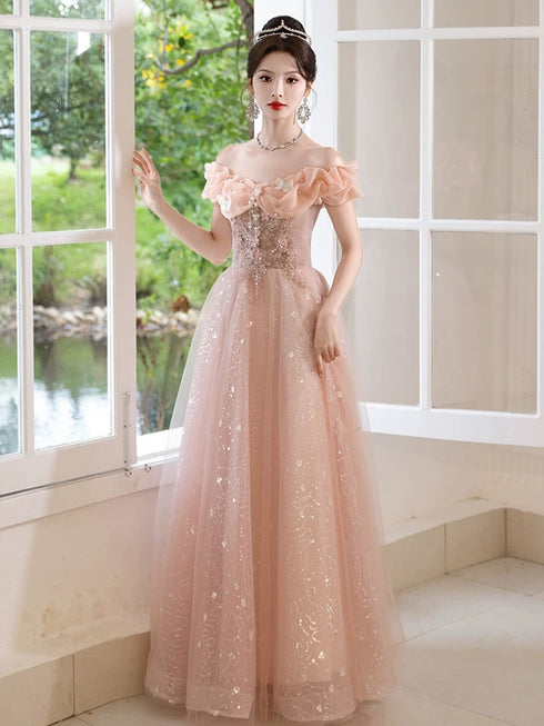 Pink Off Shoulder Beaded A-line Tulle Party Dress, Pink Tulle Prom Dress