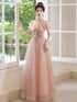 Pink Off Shoulder Beaded A-line Tulle Party Dress, Pink Tulle Prom Dress