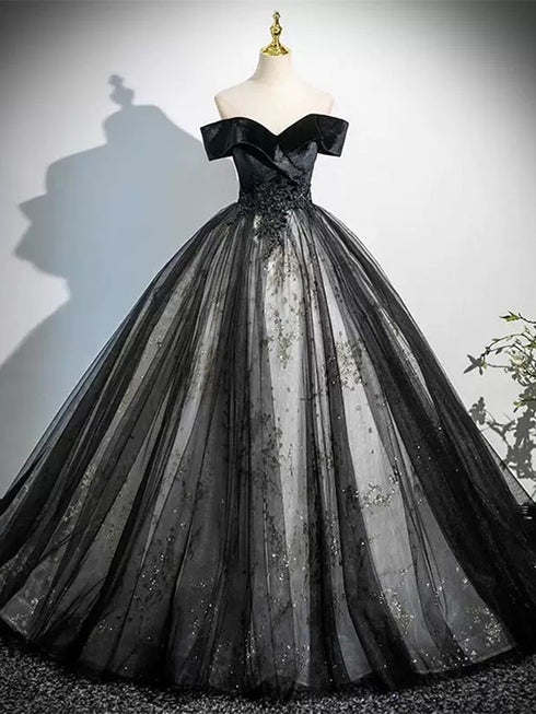 Black Tulle with Lace Off Shoulder Party Dress, Black Tulle Sweet 16 Dress