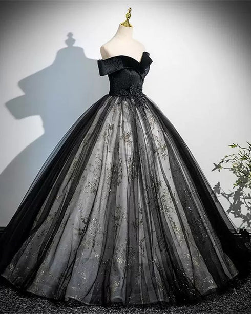 Black Tulle with Lace Off Shoulder Party Dress, Black Tulle Sweet 16 Dress