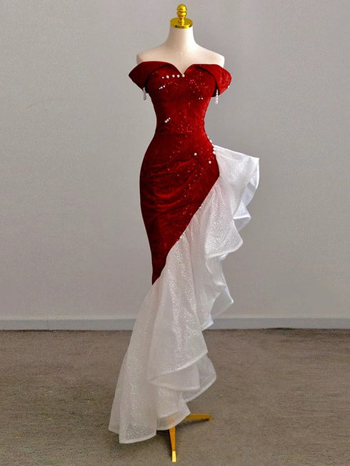 Lovely Wine Red High Low Mermaid Party Dress, Off Shoulder Sweetheart Prom Dress