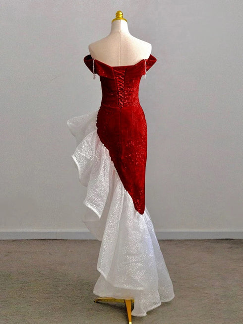 Lovely Wine Red High Low Mermaid Party Dress, Off Shoulder Sweetheart Prom Dress