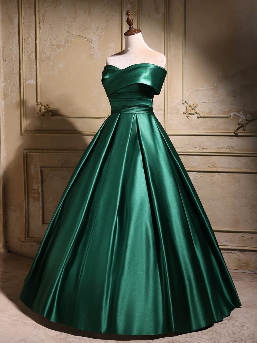 Green Satin Off Shoulder Long Party Dress Prom Dress, Green Satin Evening Dress US 6 / Green