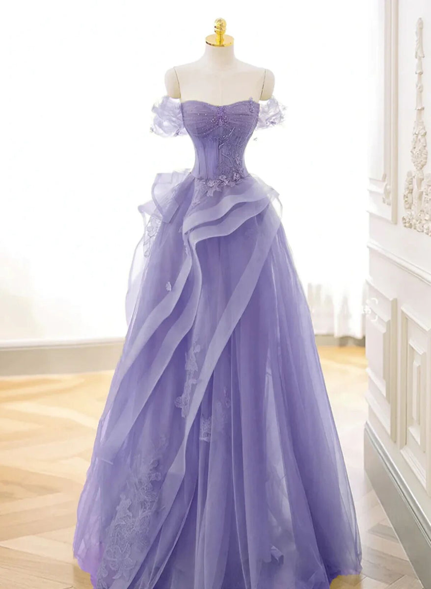Purple Long Sleeve Dress Slim One Neck Sleeve Floral Tulle Dress main image 1
