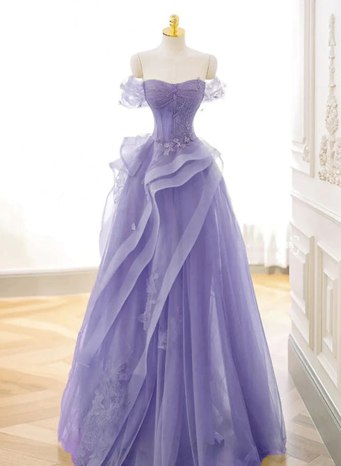 Purple Sweetheart Off Shoulder Tulle Long Party Dress, Purple Tulle Prom Dress
