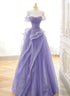 Purple Sweetheart Off Shoulder Tulle Long Party Dress, Purple Tulle Prom Dress
