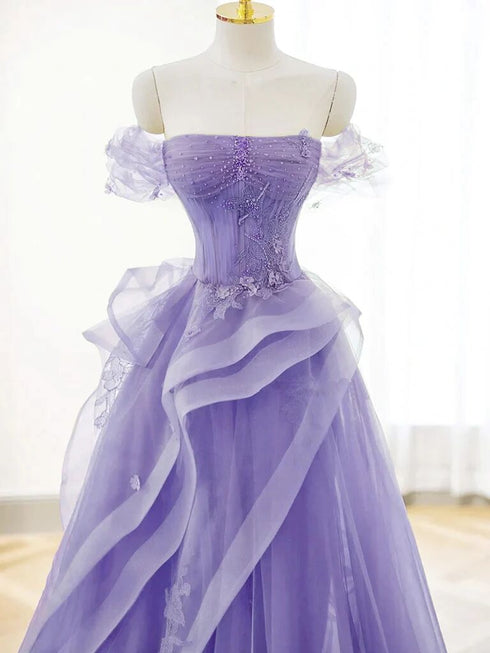 Purple Sweetheart Off Shoulder Tulle Long Party Dress, Purple Tulle Prom Dress