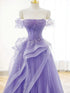 Purple Sweetheart Off Shoulder Tulle Long Party Dress, Purple Tulle Prom Dress