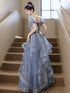 A-Line Blue Tulle With Lace Applique Formal Dress, Blue Tulle Short Sleeves Long Prom Dress