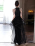 Black Sequines High Neck Formal Evening Gown with Tulle, Tiered Ruffle Tulle Black Prom Dress