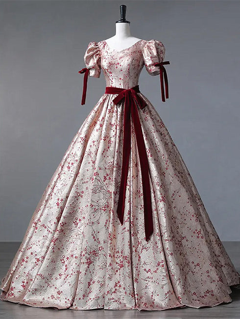 Floral Princess Gown with Burgundy Bows And Puff Sleeves, V-neckline Prom Dress Formal Dress