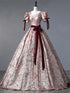 Floral Princess Gown with Burgundy Bows And Puff Sleeves, V-neckline Prom Dress Formal Dress