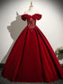 Wine Red Velvet Sweetheart Beaded Party Dress, Wine Red Off Shoulder Evening Dress