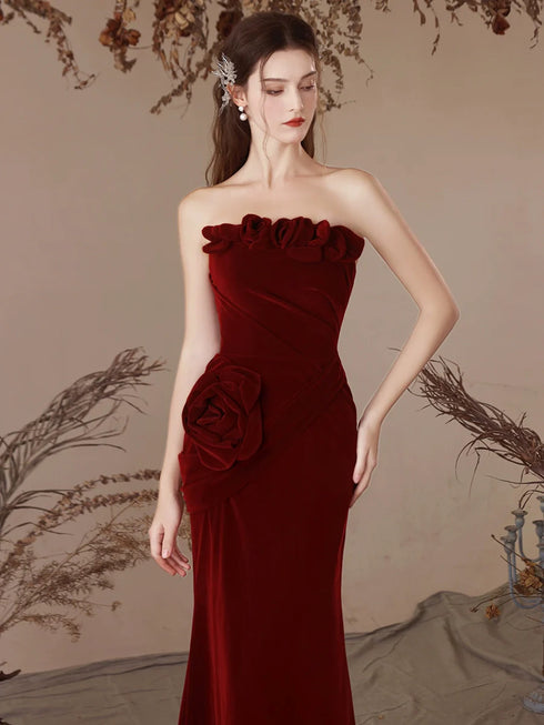 Wine Red Mermaid Velvet Long Party Dress, Wine Red Strapless Long Prom Dress