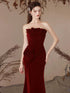 Wine Red Mermaid Velvet Long Party Dress, Wine Red Strapless Long Prom Dress