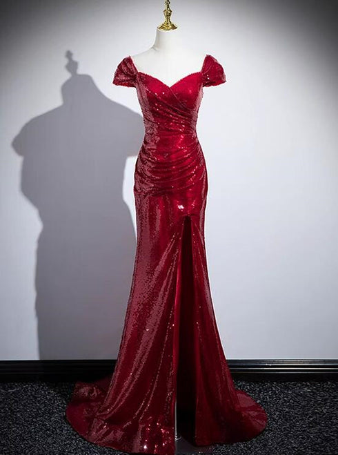 Red Sequins Mermaid Long Off Shoulder Evening Dress, Red Sequins Prom Dress