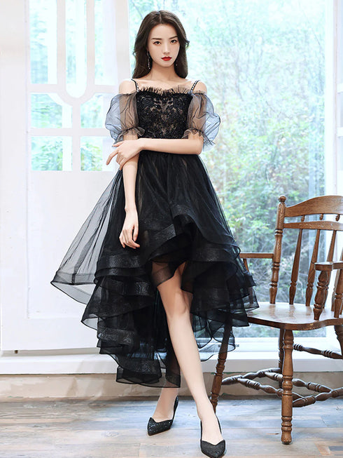 Cute Black High Low Tulle with Lace Applique Party Dress, Black Tulle Homecoming Dress