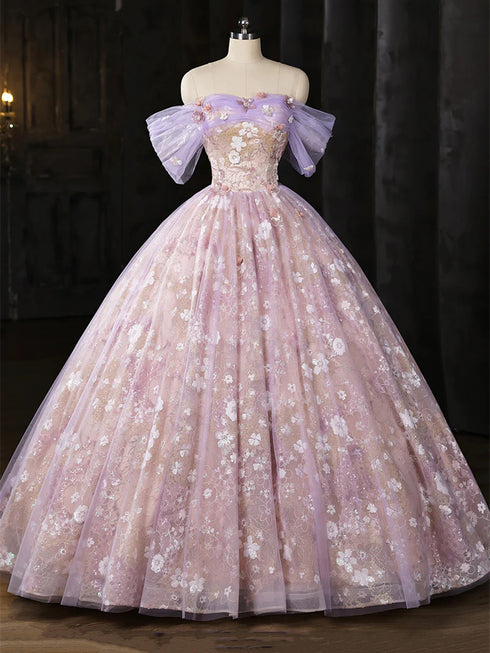 Light Purple Floral Tulle Prom Dress with Lace, A-line Off Shoulder Party Dress