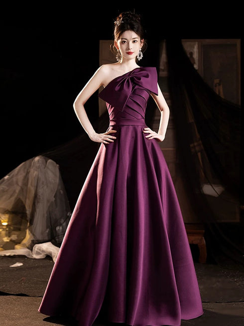 Purple A-line Satin One Shoulder Floor Length Party Dress, Purple Prom Dress with Bow