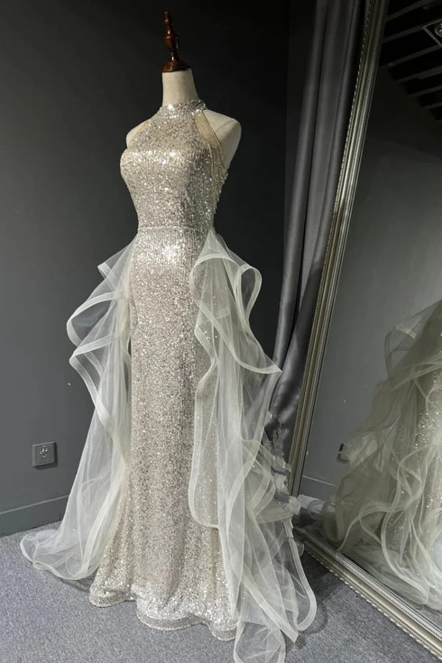 White Tulle and Sequins Long Prom Dress, Halter A-line Party Dress Formal Dress