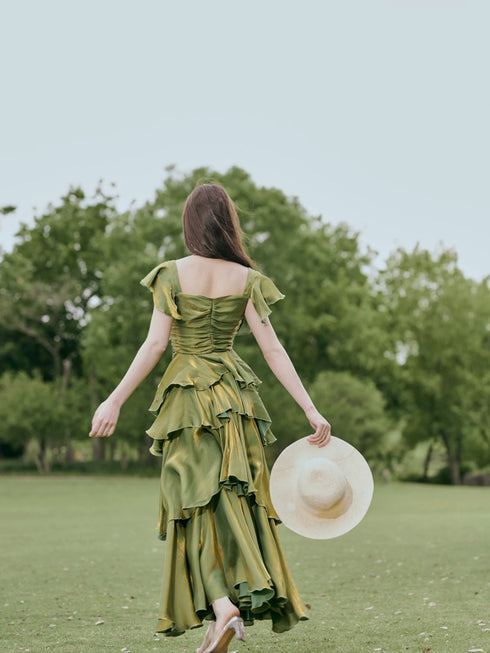 Green Layers Cap Sleeves Satin Long Party Dress, Green Satin Prom Dress Evening Dress