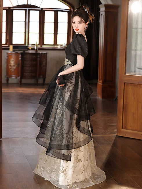 Black A-line Short Sleeves Tulle Long Party Dress, Black Prom Dress Evening Dress