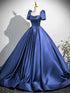 Dark Blue Short Sleeves Satin Lace-up Back Party Dress, Dark Blue Prom Dress