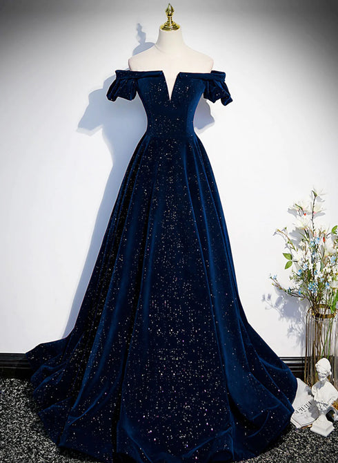 A-line Simple Navy Blue Velvet Off Shoulder Prom Dress, Navy Blue Evening Dress