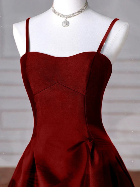 Wine Red Straps A-line Floor Length Simple Party Dress, Wine Red Satin Prom Dress