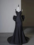 Black Mermaid Satin Low Back with Bow Party Dress, Black Satin Evening Dress