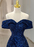 A-line Blue Sequins Off Shoulder Prom Dress, Blue Sequins Evening Dress