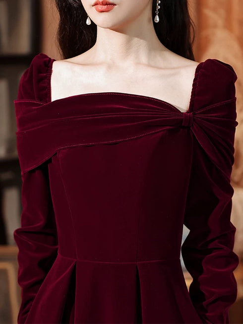 Wine Red Long Sleeves Velvet Wedding Party Dress, A-line Long Prom Dress Evening Dress