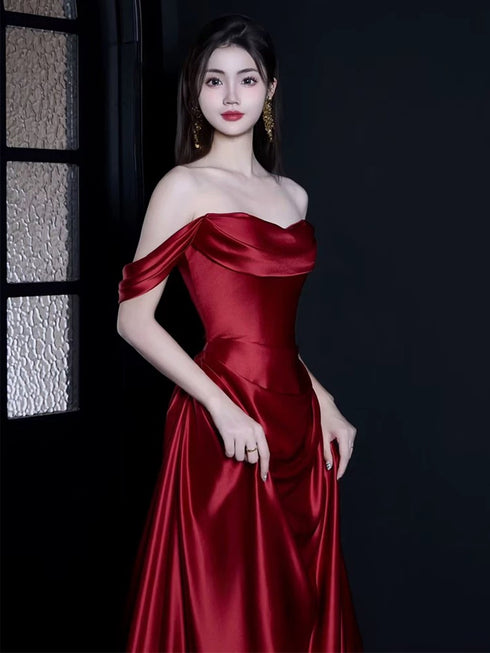 Wine Red A-line Ruch Satin Prom Dress Party Dress, Off Shoulder Wine Red Evening Dress