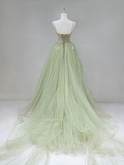 Green Tulle A-line Straps Scoop Low Back Party Dress, Green Tulle Long Prom Dress